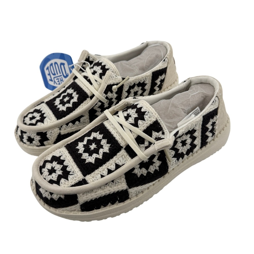 Hey Dude Wendy Cottage Crochet Slip On Shoe Black White Women 5 Granny Square